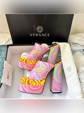 Versace Neon Pink Orange Platform Mules